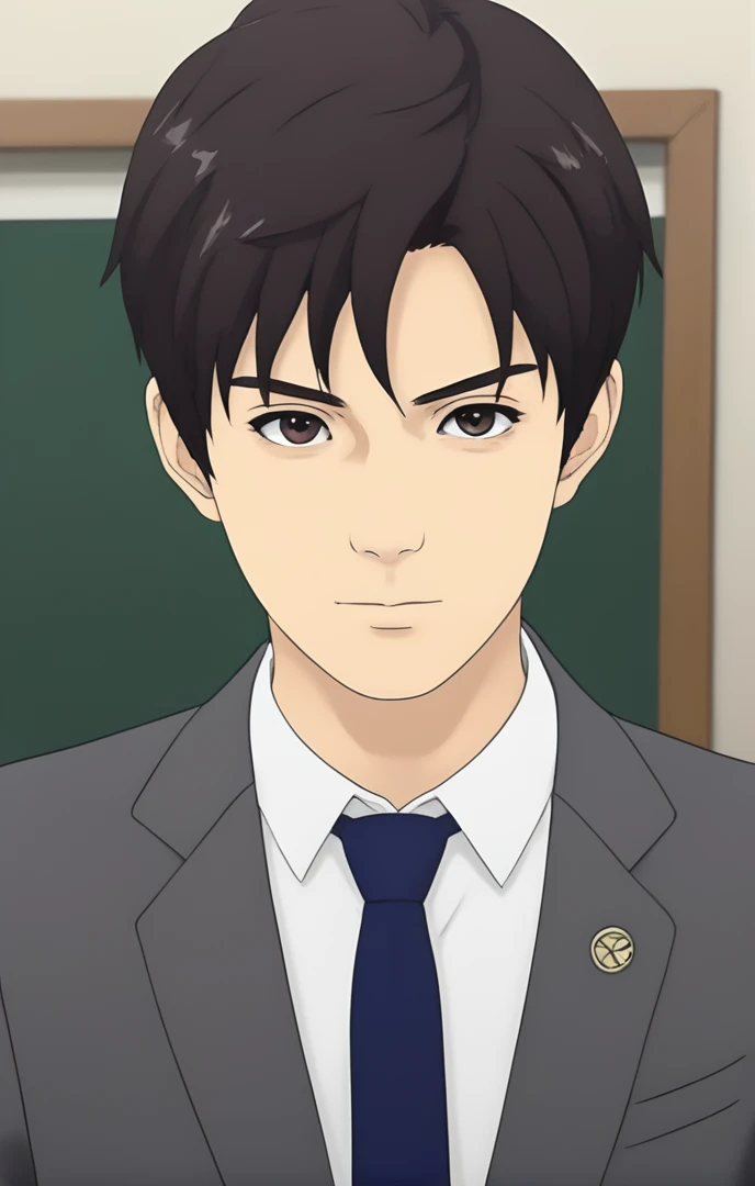 anime image of a man in a suit and tie in a classroom, inspired by Okumura Togyu, hana yata, makoto, rin, inspired by Okumura Masanobu, as an anime character, shinkai makoto, rei hiroe, aramaki shinji, makoto shinka, in an anime, with index finger