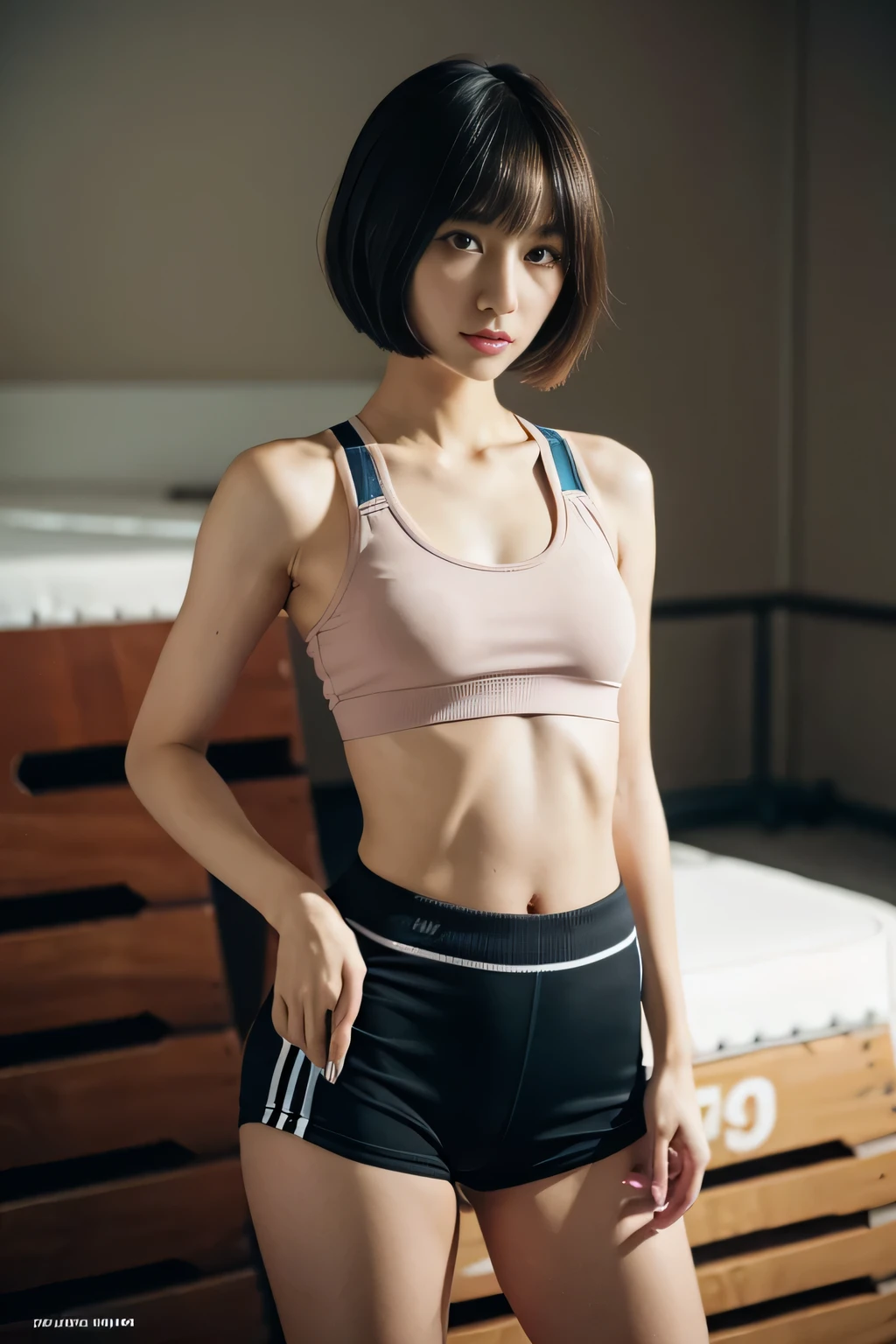 1 girl,Japanese,25 yo,(Slender body:1.4),(athlete:1.2),Black bowl cut hair with side bangs, BREAK ((Sportsbra,d-shorts)), BREAK, masterpiece, best quality, ultra quality, high quality, realistic, photo realistic, RAW photo, hyper detailed, intricate detail,(gym storeroom:1.3),cinematic lighting,(teary eyes),(blushing:1.3),beauty,girl,photorealistic,(standing),(small breasts:1.4),(camel toe),nipples poking through clothes,