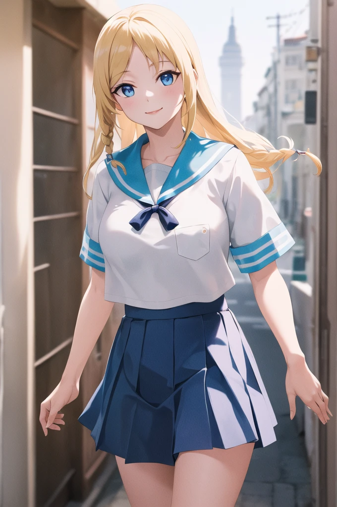 Masterpiece, Best Quality, high resolution, bbhayasaka, simple braid, medium breasts, , serafín, blue sailor collar, sailor shirt, White shirt, short sleeves, pleated skirt, blue skirt, street, standing, cowboy shot, SMILE