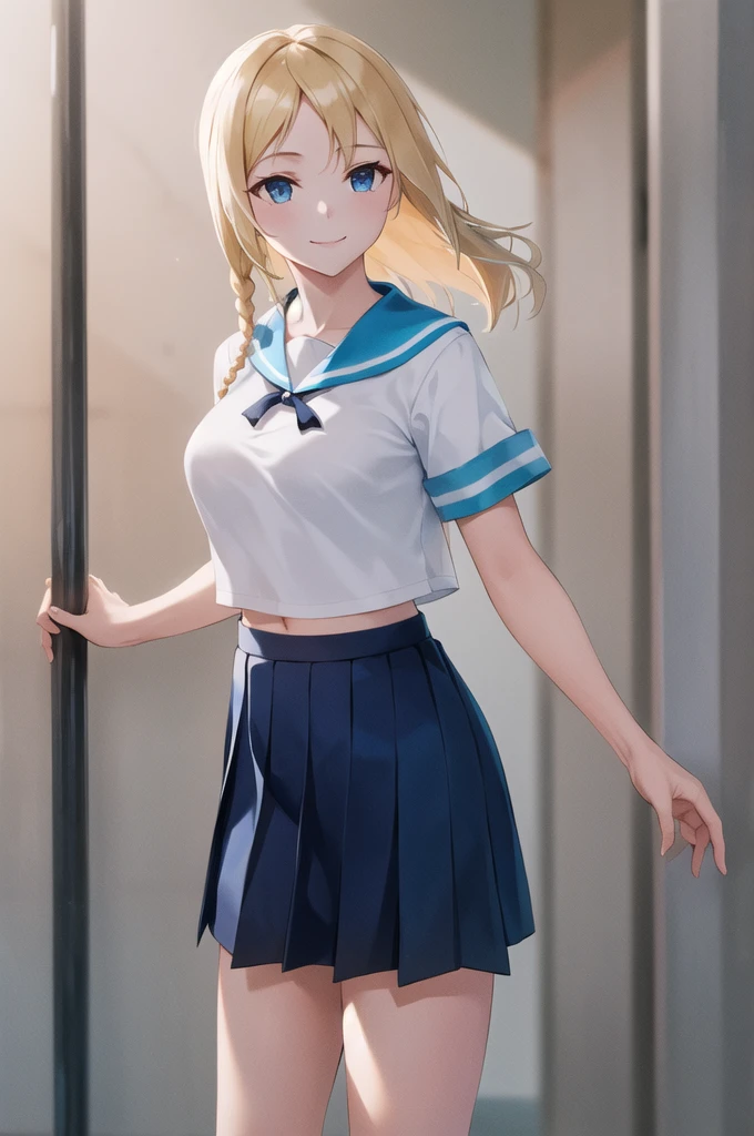 Masterpiece, Best Quality, high resolution, bbhayasaka, simple braid, medium breasts, , serafín, blue sailor collar, sailor shirt, White shirt, short sleeves, pleated skirt, blue skirt, street, standing, cowboy shot, SMILE