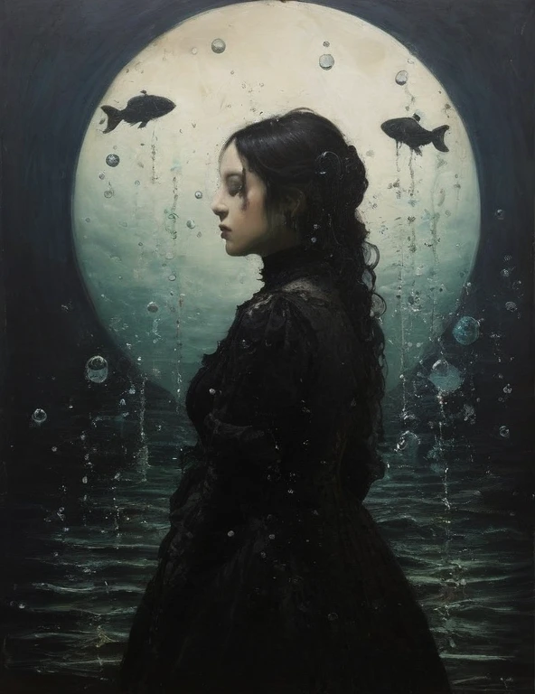 James Gurney, Surrealist art , dream-like, mysterious, Provocative, symbolic, Complex, detailed,, (Gothic but very beautiful:1.4), (masterpiece, Highest quality:1.4) , Nicola Samori Style, Oceanの中の美しい14歳の人魚、Ocean、Water bubbles