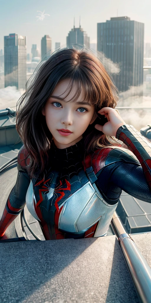 (1girl:1.3), Solo, (((Very detailed face)))), ((Very detailed eyes and face)))), Beautiful detail eyes, Body parts__, Official art, Unified 8k wallpaper, Super detailed, beautiful and beautiful, beautiful, masterpiece, best quality, original, masterpiece, super fine photo, best quality, super high resolution, realistic realism, sunlight, full body portrait, amazing beauty, dynamic pose, delicate face, vibrant eyes, (from the front), She wears Spider-Man suit, red and black color scheme, spider, very detailed city roof background, rooftop, overlooking the city, detailed face, detailed complex busy background, messy, gorgeous, milky white, highly detailed skin, realistic skin details, visible pores, clear focus, volumetric fog, 8k uhd, DSLR, high quality, film grain, fair skin, photo realism, lomography, futuristic dystopian megalopolis, translucent