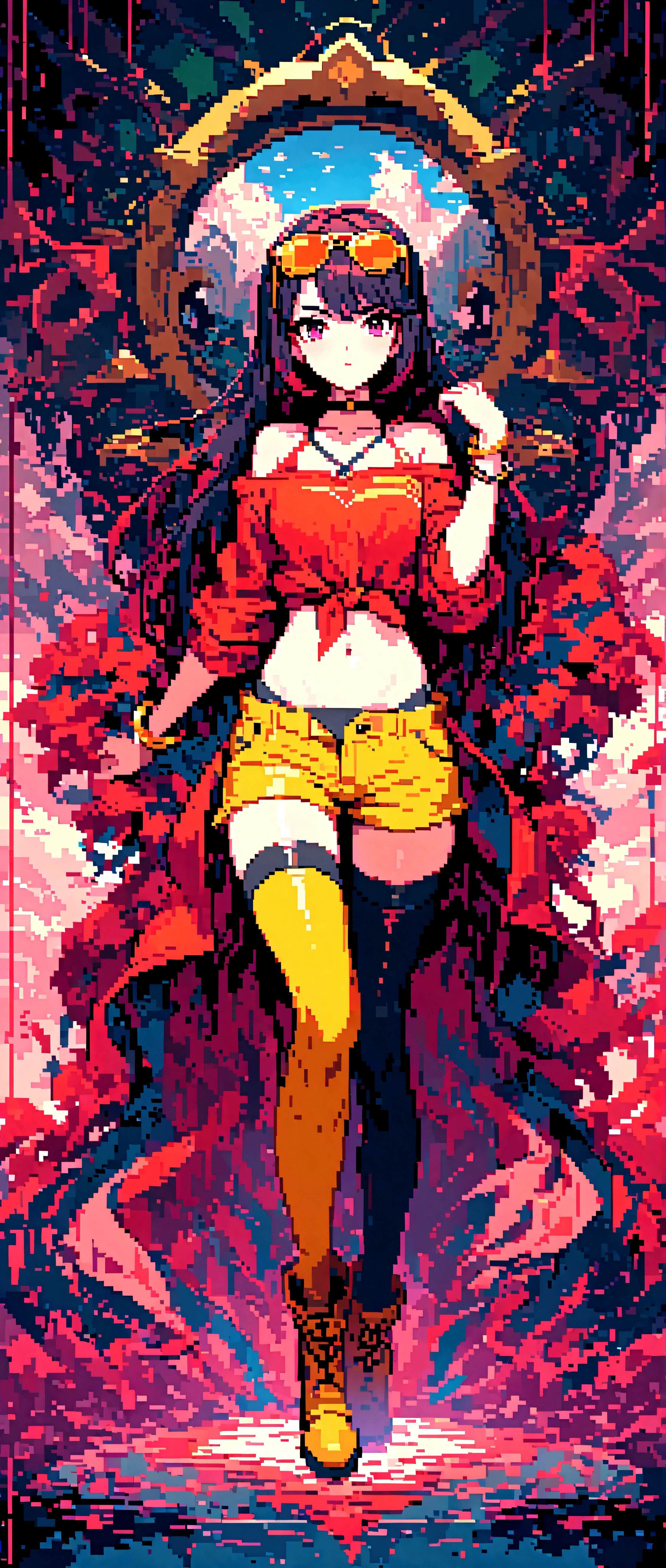 (masterpiece, top quality, best quality), pixel,pixel art,1girl,full body, 
 faye valentine, yellow hairband, yellow crop top, red shirt, off shoulder, tied shirt, suspenders, midriff, yellow shorts, thighhighs, high heel boots, eyewear on head, sunglasses, two-tone bikini, o-ring bikini, bracelet,