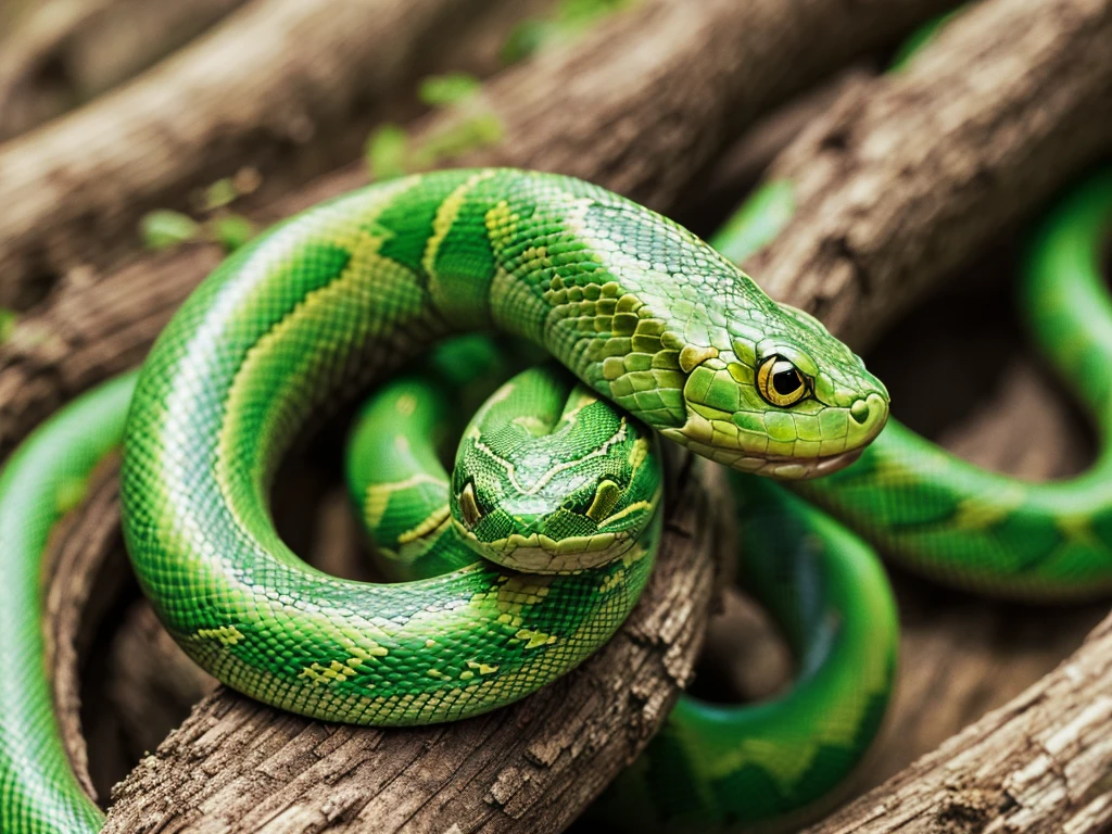 a cartoon green snake, cute snake, adorable snake, snake coiled up, snake slithering, snake with big eyes, snake with cute expression, snake in natural setting, snake in forest, snake on tree branch, snake in grass, vibrant green snake, highly detailed snake, 4k, 8k, highres, masterpiece:1.2, ultra-detailed, realistic, photorealistic, photo-realistic:1.37, sharp focus, vivid colors, illustration, digital art