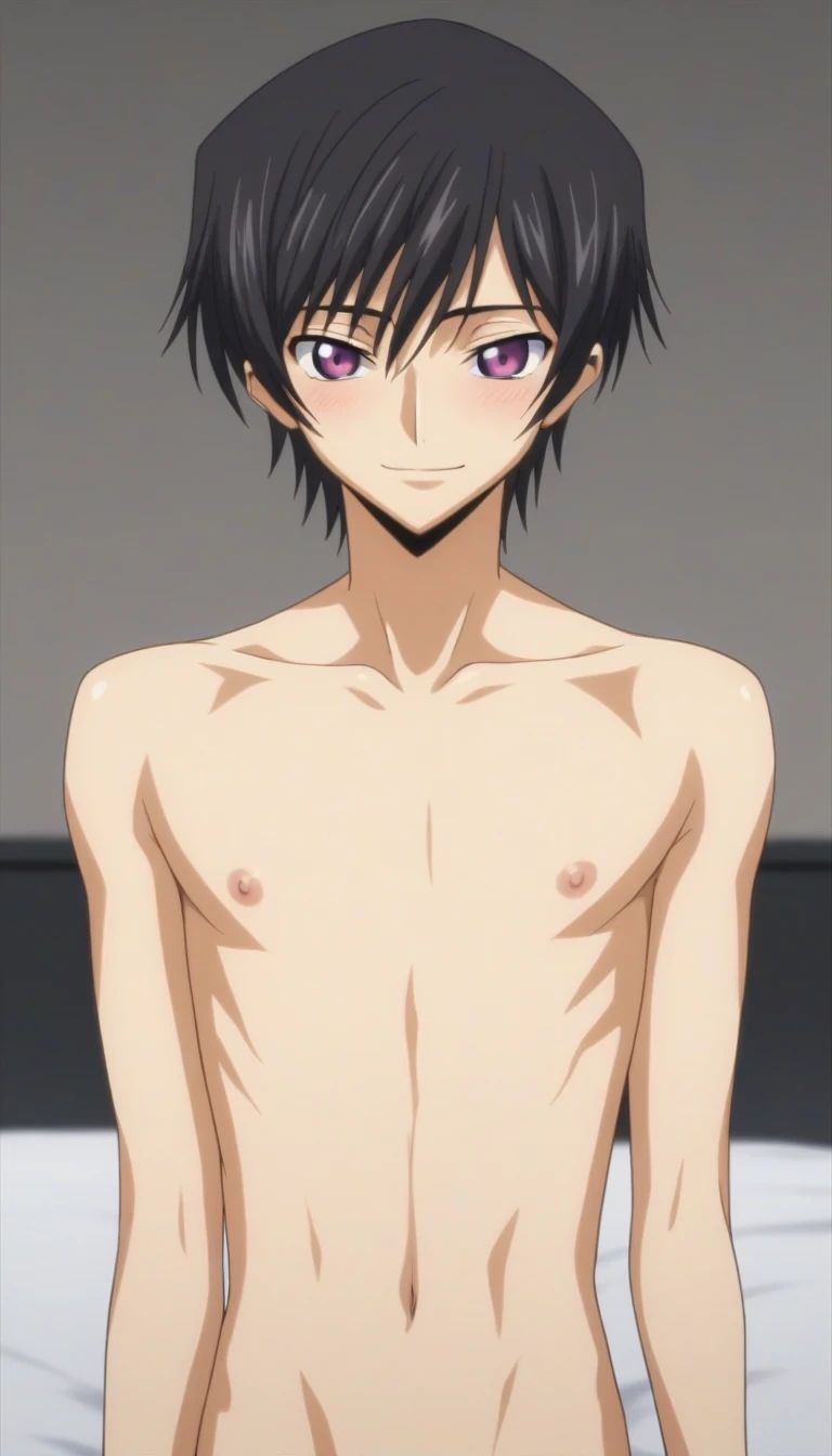 score_9, score_8_up, score_7_up, source_anime, rating_safe, intricate details, anime screencap, , , looking at viewer, depth of field, 1boy, solo, male focus, lelouch_lamperouge, black hair, purple eyes, bangs, smile, blush, cute, naked, bed room, night,