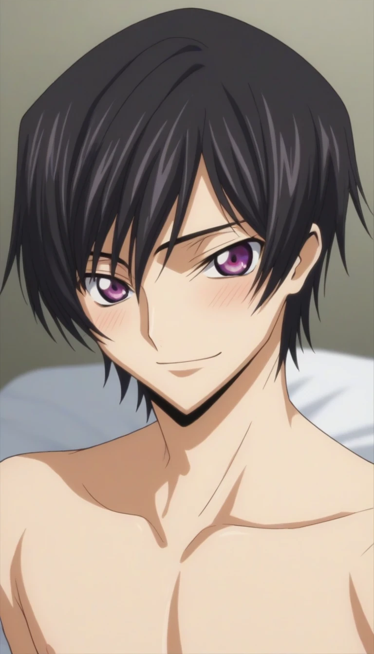 score_9, score_8_up, score_7_up, source_anime, rating_safe, intricate details, anime screencap, , , looking at viewer, depth of field, 1boy, solo, male focus, lelouch_lamperouge, black hair, purple eyes, bangs, smile, blush, cute, naked, bed room, night,