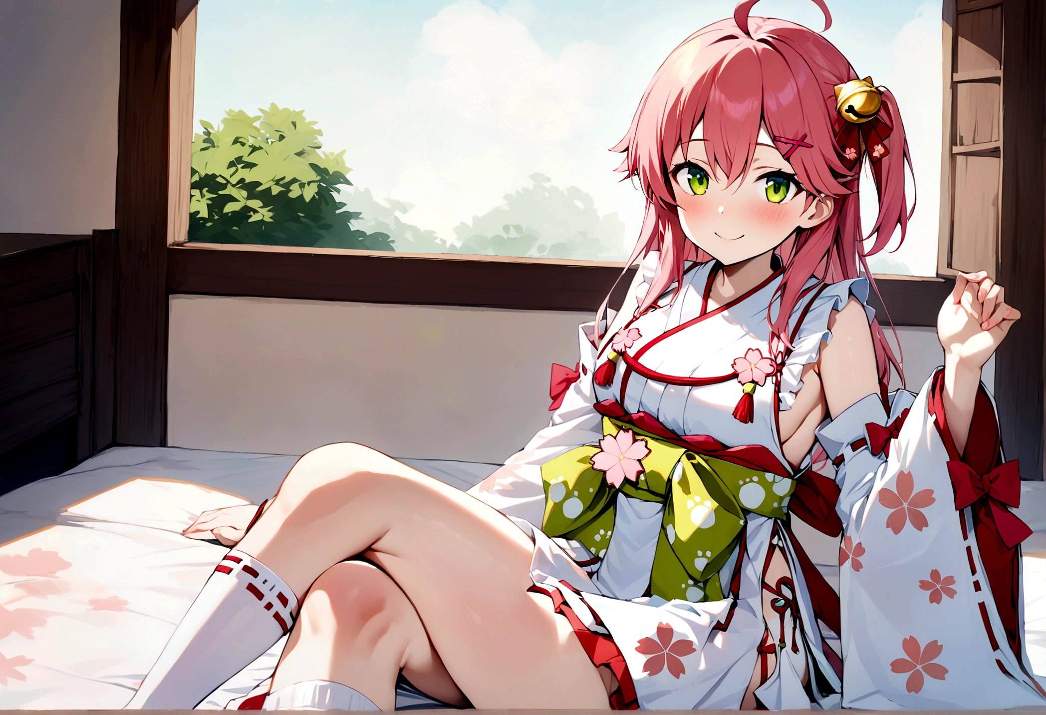 ((masterpiece,Highest quality)),One girl, Day, kimono, View your viewers, Recall, bed, Are standing, Miko 1, sakura miko, Green Eyes, alone, Ahoge, X Hair Ornament, Pink Hair, Single knee socks, Side bust, Hair Clip, Hair Bell, Floral print, Long Hair, Hair between the eyes, One side up, White knee socks, Asymmetrical legwear, Wide sleeves, smile, sunny, lie down