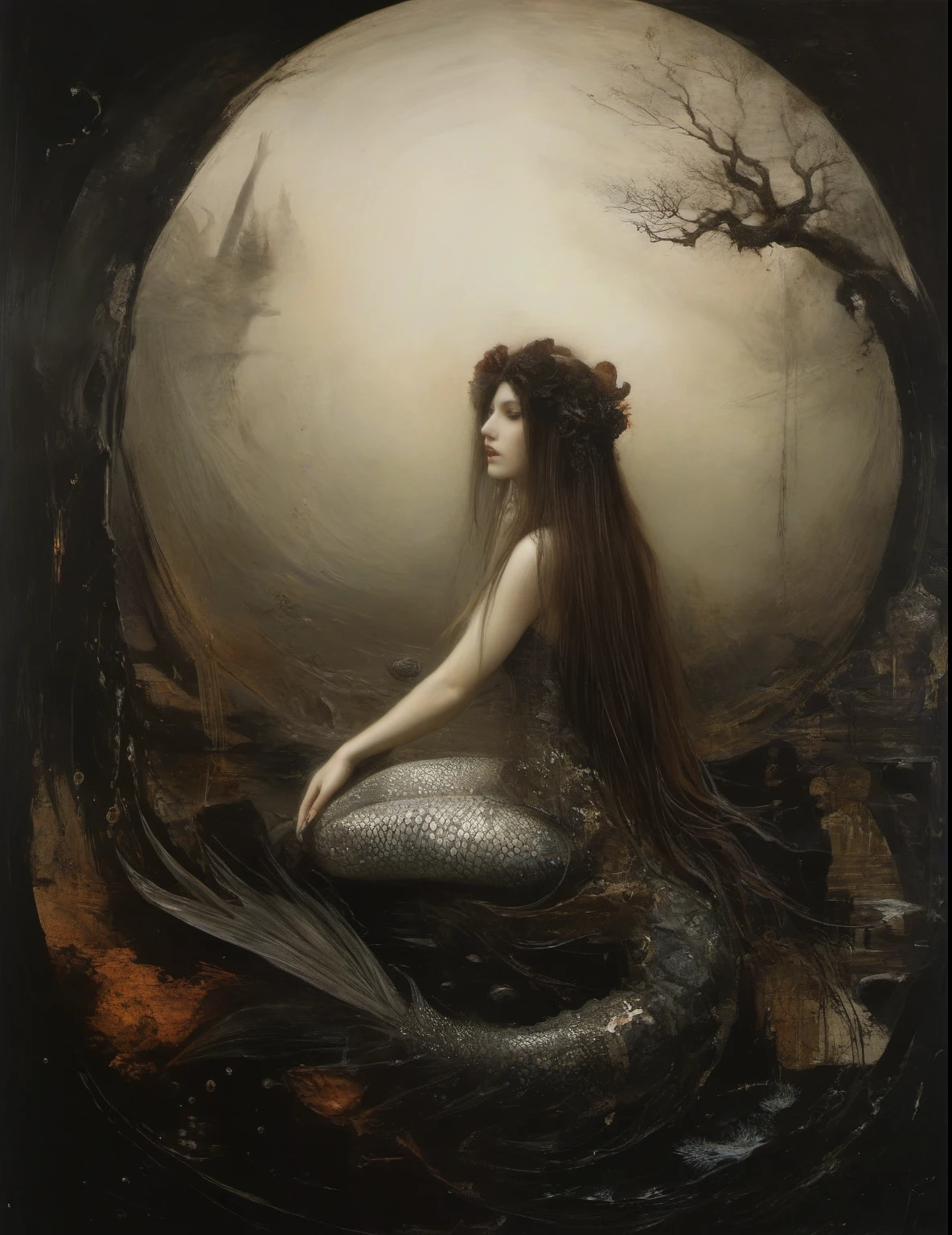 James Gurney, Surrealist art , dream-like, mysterious, Provocative, symbolic, Complex, detailed,, (Gothic but very beautiful:1.4), (masterpiece, Highest quality:1.4) , Nicola Samori Style, Goddess-like mermaid
