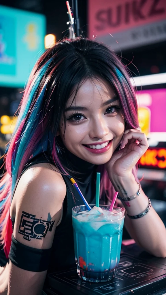 drink, smile, eat, repeat, watercolor, inkpunk, cyberpunk. mixpunk, vibrant colors, dynamic angles, ultra detailed, 8k,