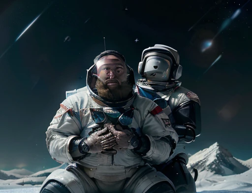 (((Bearded, chubby astronaut with extremely thick thighs is kneeling with his hand on his chest feeling a lot of pain))), icy mountains snowy place, the Astronaut using binoculars to observe( frontal image) Holding a pair of binoculars. dynamic photography.oogando down, fainting from pain, (((in front of the astronaut there are 2 robots on the left and right side they have a right hand Pointed at the Expectant Protecting the astronaut))) , he wears full space astronaut uniform.