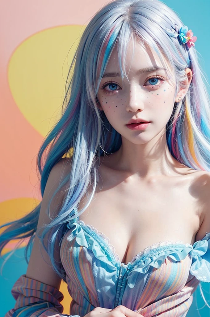 (((masterpiece))),(((best quality))),((Extremely detailed)),(illustration),(Dynamic Angle), ((floating)),(painting),((Messy hair)), (Solitary),(1 Girl), ((small_breast)), (((Delicate anima face))),((Beautiful and delicate face)),collar,Bare shoulders, White hair, ((Colorful hair)),((Striped hair)), Beautiful and delicate eyes,(Gradient eyes),(((Colored eyes))), (((Colored background))),(((High Saturation))),(((Surrounded by colorful colors))),(((Colored dots around))),Colored bubbles,((shining))