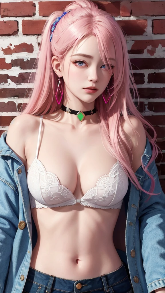 (masterpiece, best quality, 1girl, solo, intricate details, chromatic aberration), realistic, ((medium breath)),long hair, pink hair, red head ornament, pink highlights, hair over one eye,purple eyes, earrings, sharp eyes, choker, neon shirt, open jacket, crop top, (symmetry eyes),(perfect symmetrical body),against wall, brick wall, graffiti, dim lighting, alley ,look at viewer