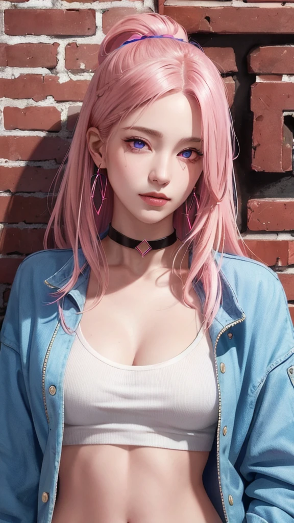 (masterpiece, best quality, 1girl, solo, intricate details, chromatic aberration), realistic, ((medium breath)),long hair, pink hair, red head ornament, pink highlights, hair over one eye,purple eyes, earrings, sharp eyes, choker, neon shirt, open jacket, crop top, (symmetry eyes),(perfect symmetrical body),against wall, brick wall, graffiti, dim lighting, alley ,look at viewer