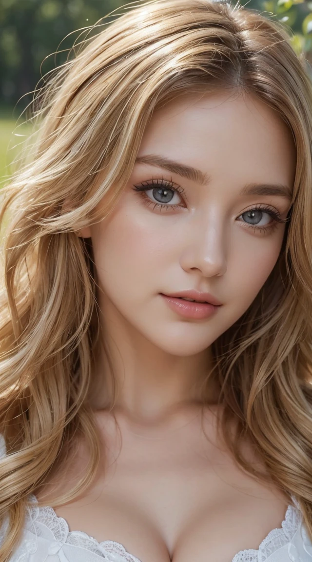(masterpiece:1.2), (Highest quality:1.2), Perfect Eyes, Perfect Face, Perfect lighting, One girl, Mature woman in a field, Medium blonde hair, Curly Hair, Detailed clothing, Detailed outdoor background, compensate, eye shadow, Thick eyelashes, Fantasy, Looking at the audience, spring 