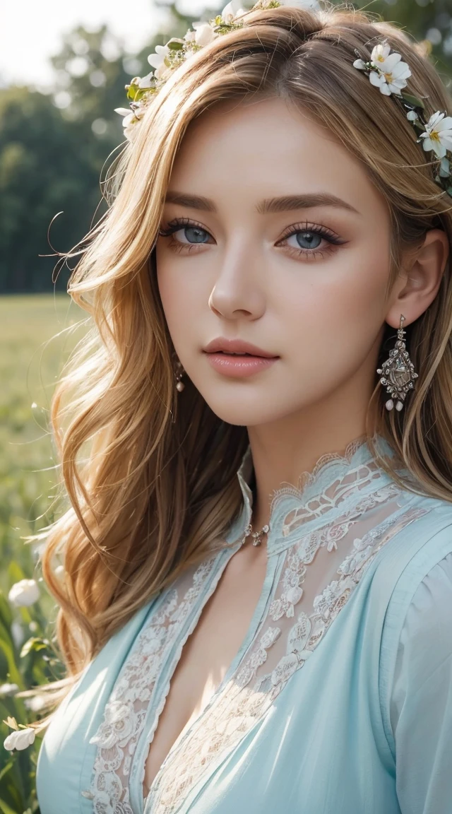 (masterpiece:1.2), (Highest quality:1.2), Perfect Eyes, Perfect Face, Perfect lighting, One girl, Mature woman in a field, Medium blonde hair, Curly Hair, Detailed clothing, Detailed outdoor background, compensate, eye shadow, Thick eyelashes, Fantasy, Looking at the audience, spring