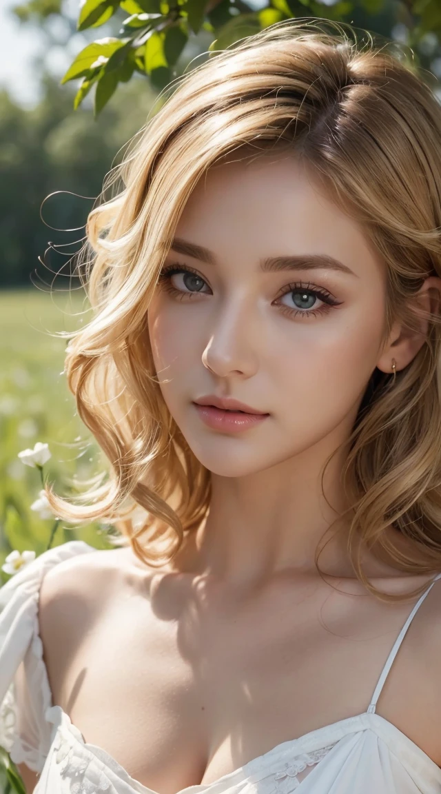 ((((nude)))),(masterpiece:1.2), (Highest quality:1.2), Perfect Eyes, Perfect Face, Perfect lighting, One girl, Mature woman in a field, Medium blonde hair, Curly Hair, Detailed clothing, Detailed outdoor background, compensate, eye shadow, Thick eyelashes, Fantasy, spring