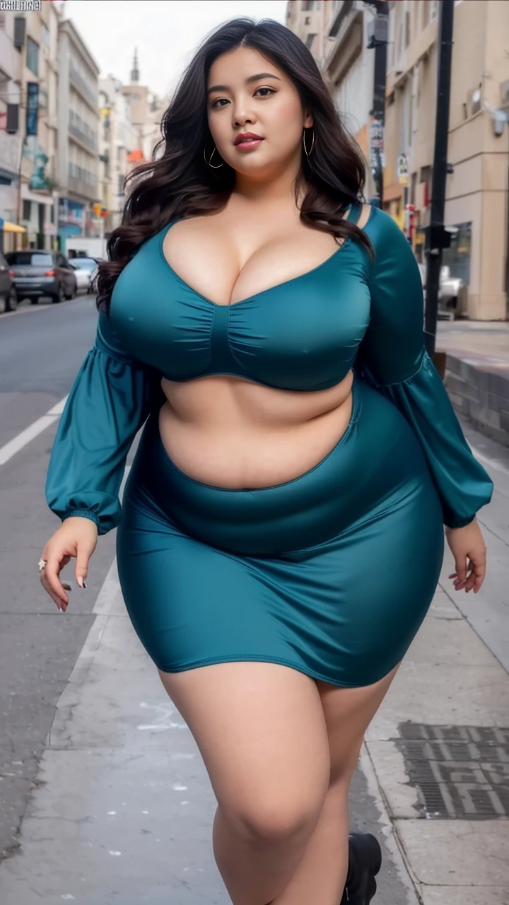 ((best quality)), ((masterpiece)), (detailed), perfect face, araffeTight skirtsShort , thicc, wavy short hair, she has a jiggly fat round belly, bbwchan, wearing tight simple clothes, skinny waist and thick hips, widest hips, her belly is fat and round, soft curvy shape, hyperrealistic full figure, wearing a cute top, wide hips, Blue swimsuit,On the beach by the seaBlue