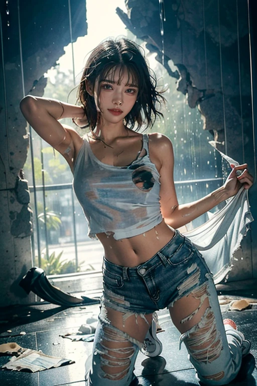 Best picture quality, Masterpiece, Ultra high resolution, (loyalty:1.4), photograph, 1 woman, Wear a purple bra, thin, see-through fabric., Very short, torn, white jeans., white sneakers, dim, darkness, hopelessness, pity, poor, movies, tear, หยดtear, (Torn clothes:1.5), (Wet clothes:1.4), bare shoulders, It&#39;s really raining, Wet hair,..