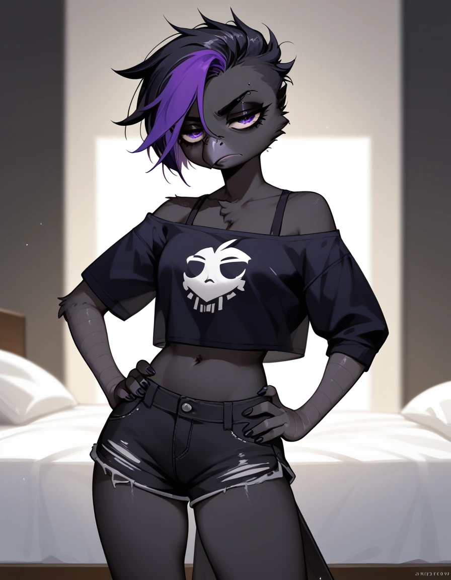 score_9, score_8_up, score_7_up, Sera, anthro avian girl, black feathered body, black hair with purple highlight, jitome, bored, purple eyes, eyes half open, wearing black emo top, exposed shoulder, black short shorts, hourglass figure, one hand on hip, in a bedroom, looking at viewer
