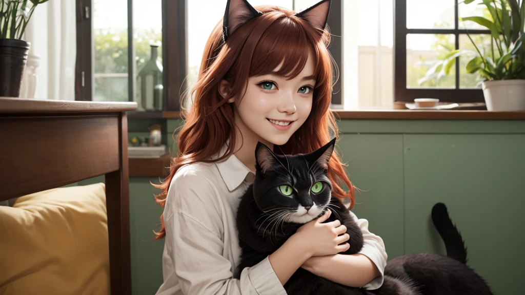 profile. Short, Red hair, green-eyed, young, Cute, smiling, 1 girl with cat ears, with a cat&#39;s tail, with size 2 breasts, wear metal frame glasses, in green, leather bodysuit, Wearing a collar, on all fours over a dog bowl in the hallway