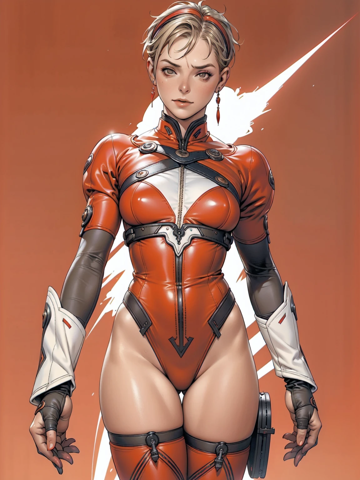 (((aback view))), (((bunda perfeita))), A athletic 25-year-old Russian warrior woman almost naked in the Simon Bisley style for the cover of Heavy Metal magazine, bare thighs, garter belt, super short blonde hair, Minimum clothing, red carbon fiber clothing in chevron pattern, ((((red clothing))), (((short-cut))), ((Annie Lennox)), (((mature woman))), full body