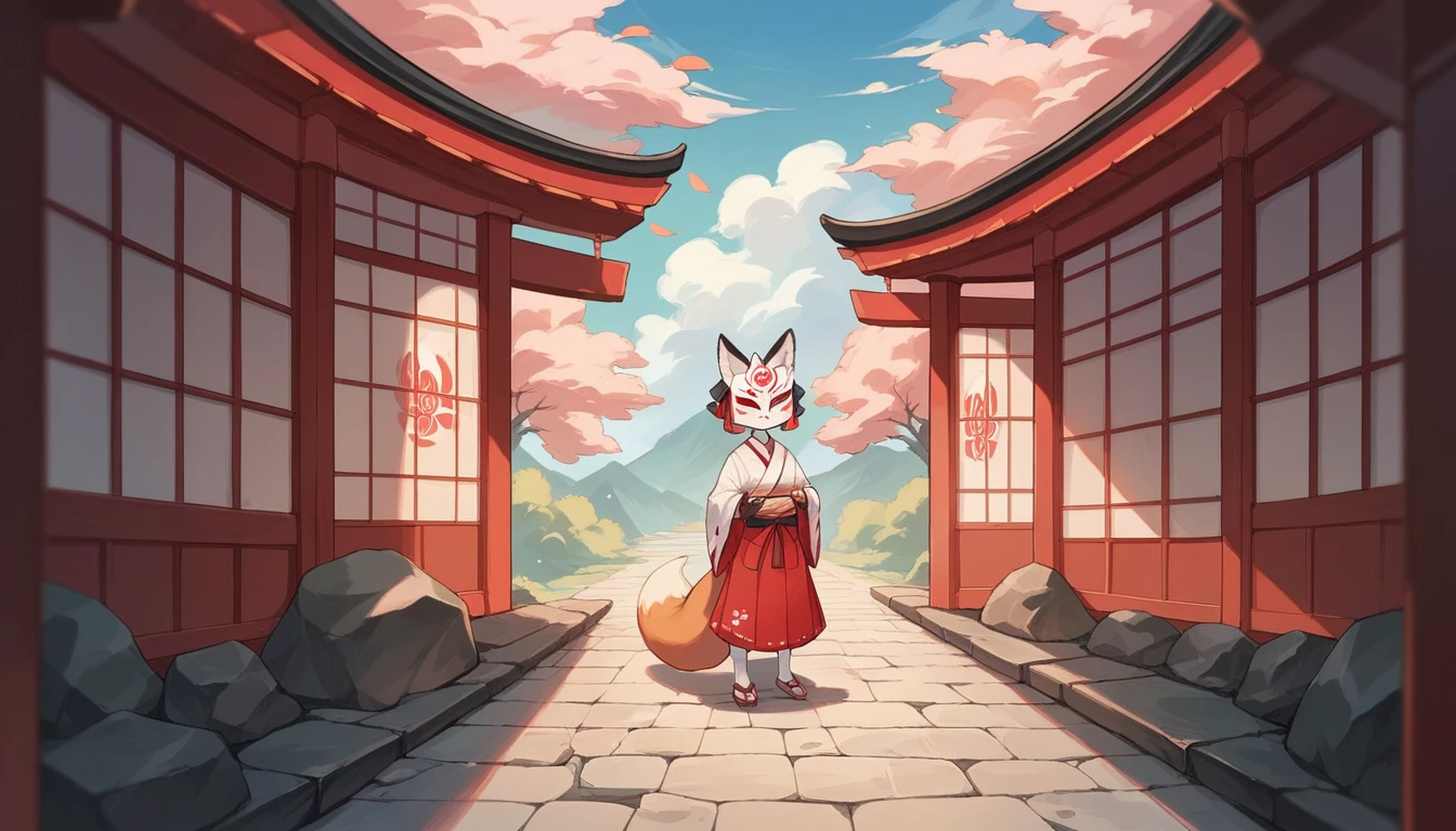 Japanese shrine, miko, fox mask