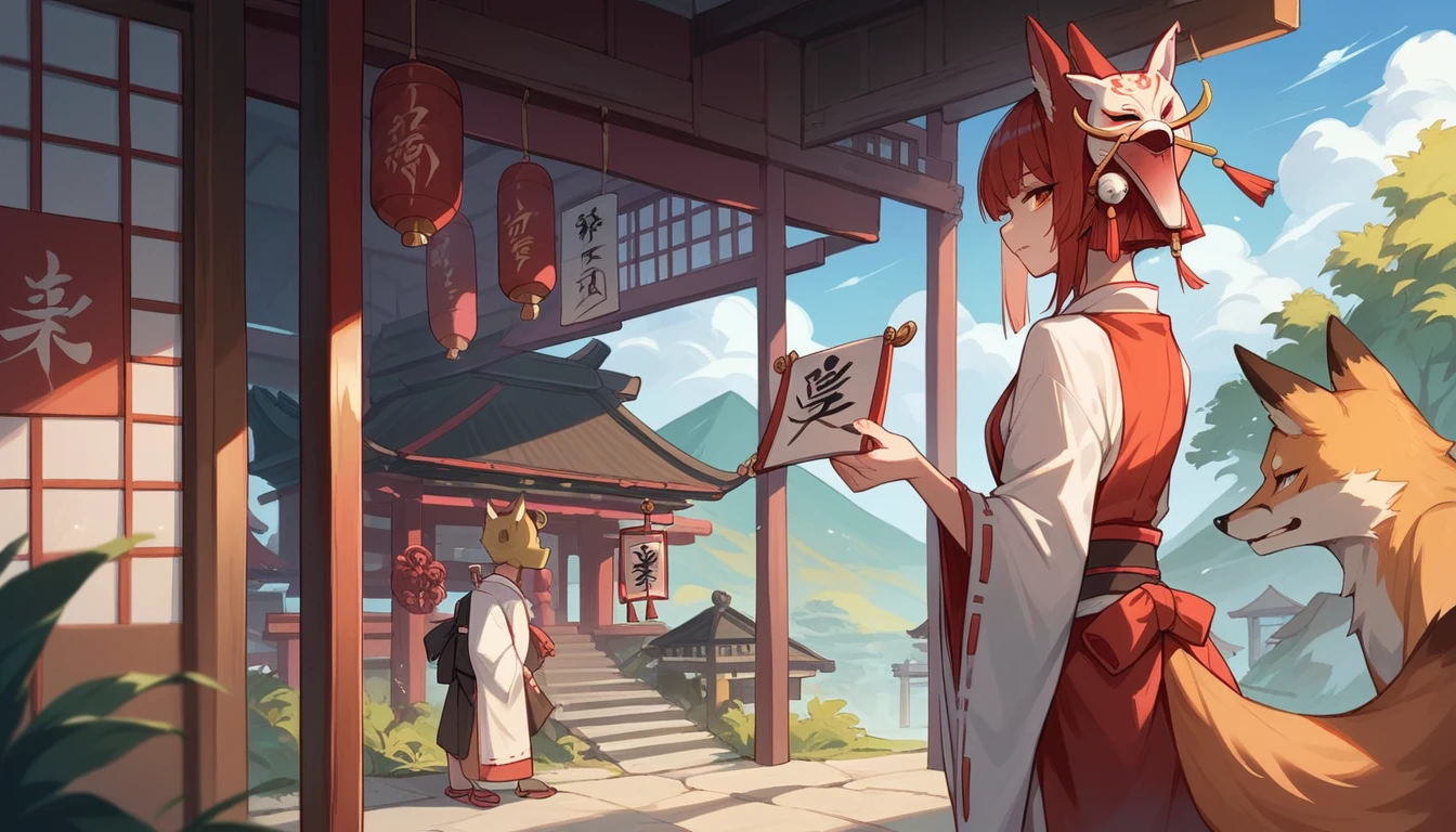 Japanese shrine, miko, fox mask