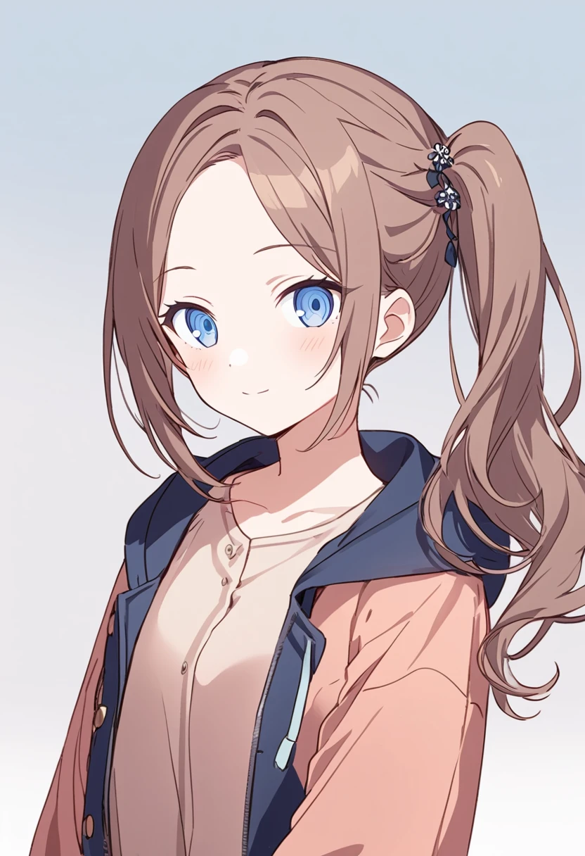 Generate an image of Honami Mochizuki from Project Sekai. She is a high student with long, straight hair in a rosybrown color. Her hair is styled in a loose side ponytail positioned low on the right side of her head, with a slight curl. Her side hair is shorter and also slightly curled. She has straight-cut bangs (hime cut) that frame her forehead. Often, She has big, gentle blue eyes and a warm, friendly expression.front view