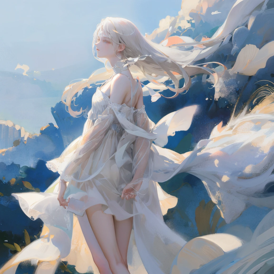 (Highest quality, High resolution), (Pure white background), Barefoot girl standing on the plain, Gray Hair, White eyelashes, White eyebrows, There was a cold look on her face, Fair skin, White Dress, Sad look, Sense of light, Soft and delicate, Ultra Sharp, High resolution images, (close)