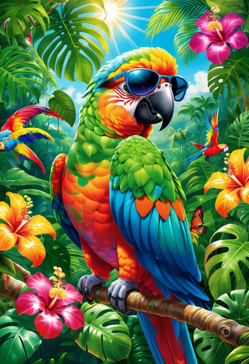 A vibrant parrot perched on a tropical branch, wearing oversized, big sunglasses, funky sunglasses. The parrot’s feathers are a riot of bright colors, and it exudes a playful and lively personality. The background is a lush tropical jungle with vivid green foliage and exotic flowers. Sunlight filters through the leaves, creating a dappled light effect. Intricate details, vibrant colors, tropical elements, lively atmosphere.