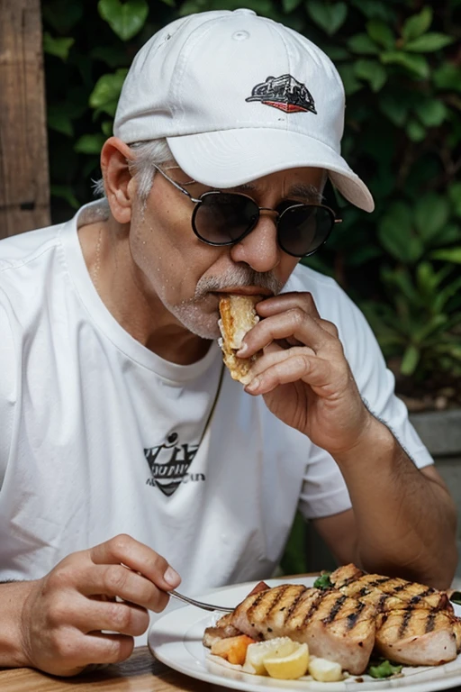 A grandfather with white hair, sad, eating grilled chicken, with very big lips with a cap and sunglasses. The grandfather is prostrate and connected