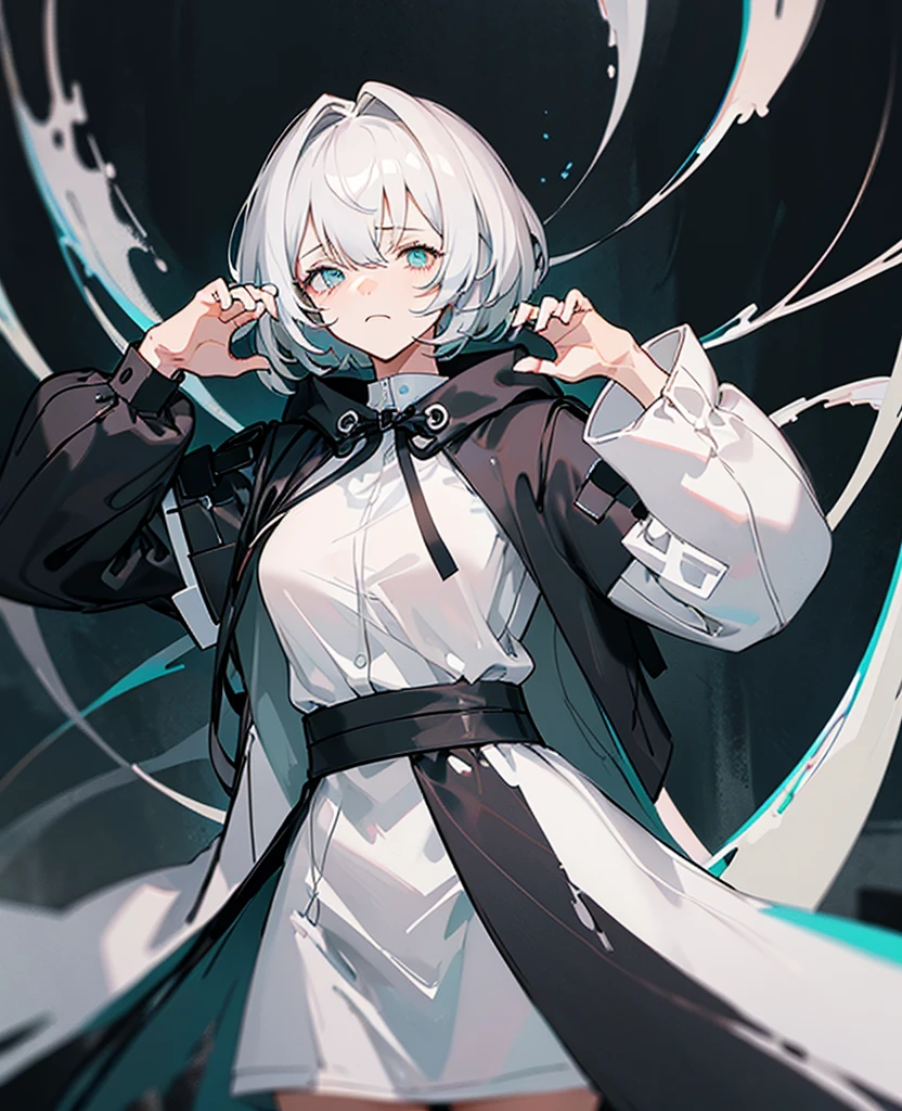 Masterpiece,Best quality,(A gloomy painting style:1.6),Solo,Boy,White hair,Short hair,(White shirt:1.4),((Face)) shirt,Shorts,Coat,Hood,Sneakers,Black coat,No breasts,Long sleeves,bangs,Fingerless gloves,Short hair,hair between eye,((gloomy expression)),(Pure black background:1.4),1 girl,monochrome,upper_body,gloom,hood,heart,hands up,(holding heart),(heart with hands:1.4),(Palms up)