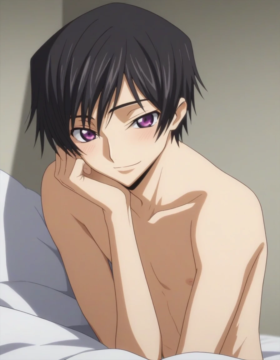 score_9, score_8_up, score_7_up, source_anime, rating_safe, intricate details, anime screencap, , , looking at viewer, depth of field, 1boy, solo, male focus, lelouch_lamperouge, black hair, purple eyes, bangs, smile, blush, cute, naked, bed room, night,