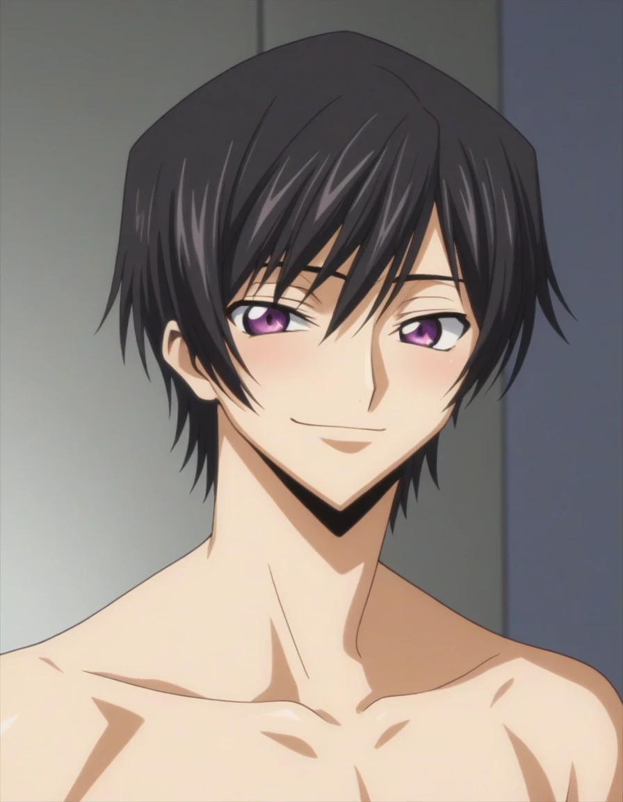 score_9, score_8_up, score_7_up, source_anime, rating_safe, intricate details, anime screencap, , , looking at viewer, depth of field, 1boy, solo, male focus, lelouch_lamperouge, black hair, purple eyes, bangs, smile, blush, cute, naked, bed room, night,