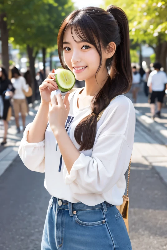 Produce the highest quality and highest resolution 8K images。Please draw the whole body of a 20 year old Japanese woman.。Please draw an image of a smiling person taking a commemorative photo at a tourist spot.。She has brown eyes and a model figure.、She has an idol-level cute face.。The hair is in a ponytail。Skin has a healthy color。Clothes、I'm wearing early summer clothes。