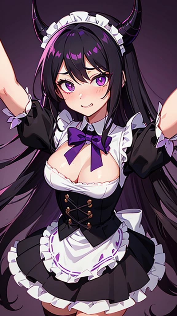 A horny excited maid blushing. black long hair and purple eyes. Boku no Hero Academia Art Style. Purple Background with much money and gold. 