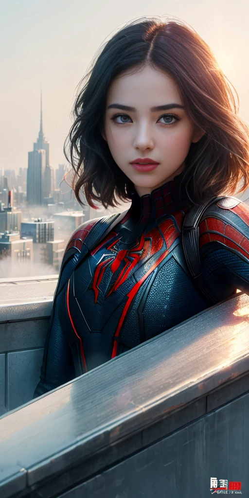 (1girl:1.3), Solo, (((Very detailed face)))), ((Very detailed eyes and face)))), Beautiful detail eyes, Body parts__, Official art, Unified 8k wallpaper, Super detailed, beautiful and beautiful, beautiful, masterpiece, best quality, original, masterpiece, super fine photo, best quality, super high resolution, realistic realism, sunlight, full body portrait, amazing beauty, dynamic pose, delicate face, vibrant eyes, (from the front), She wears Spider-Man suit, red and black color scheme, spider, very detailed city roof background, rooftop, overlooking the city, detailed face, detailed complex busy background, messy, gorgeous, milky white, highly detailed skin, realistic skin details, visible pores, clear focus, volumetric fog, 8k uhd, DSLR, high quality, film grain, fair skin, photo realism, lomography, futuristic dystopian megalopolis, translucent