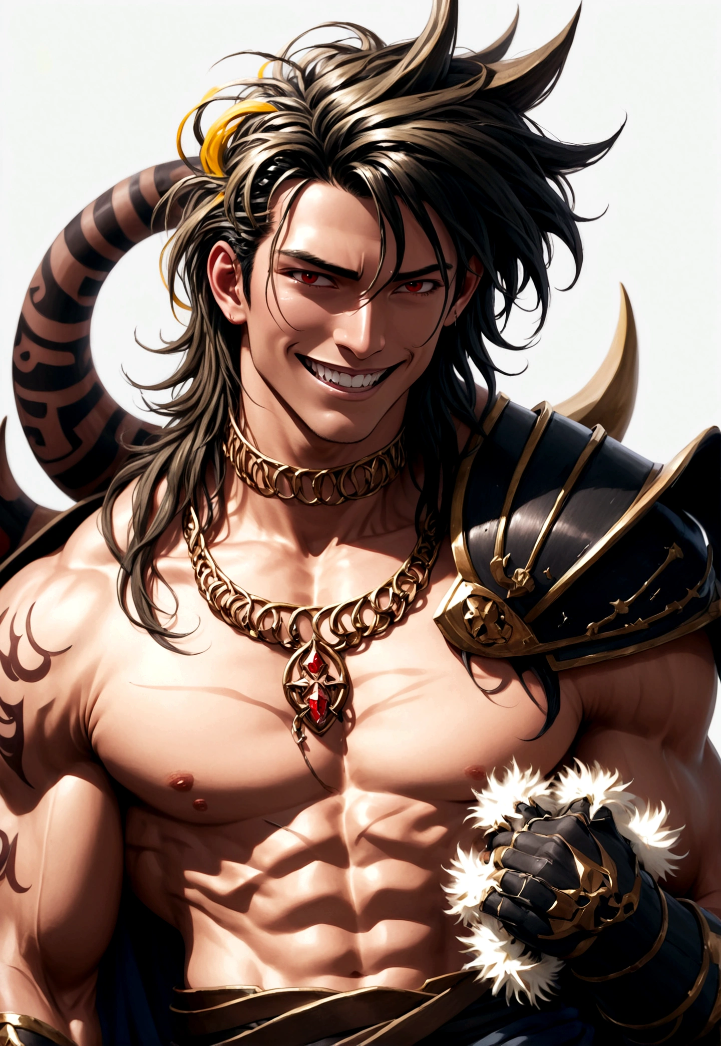 an attractive man with red eyes, looking 20 years old, cinnamon brown skin, teeth with prominent fangs, elegantly cut short black hair, Medium build and tall with defined muscles, and wearing dark red armor with black and gold that reveals certain parts of his body. (full body image) smiling and flirtatious expression