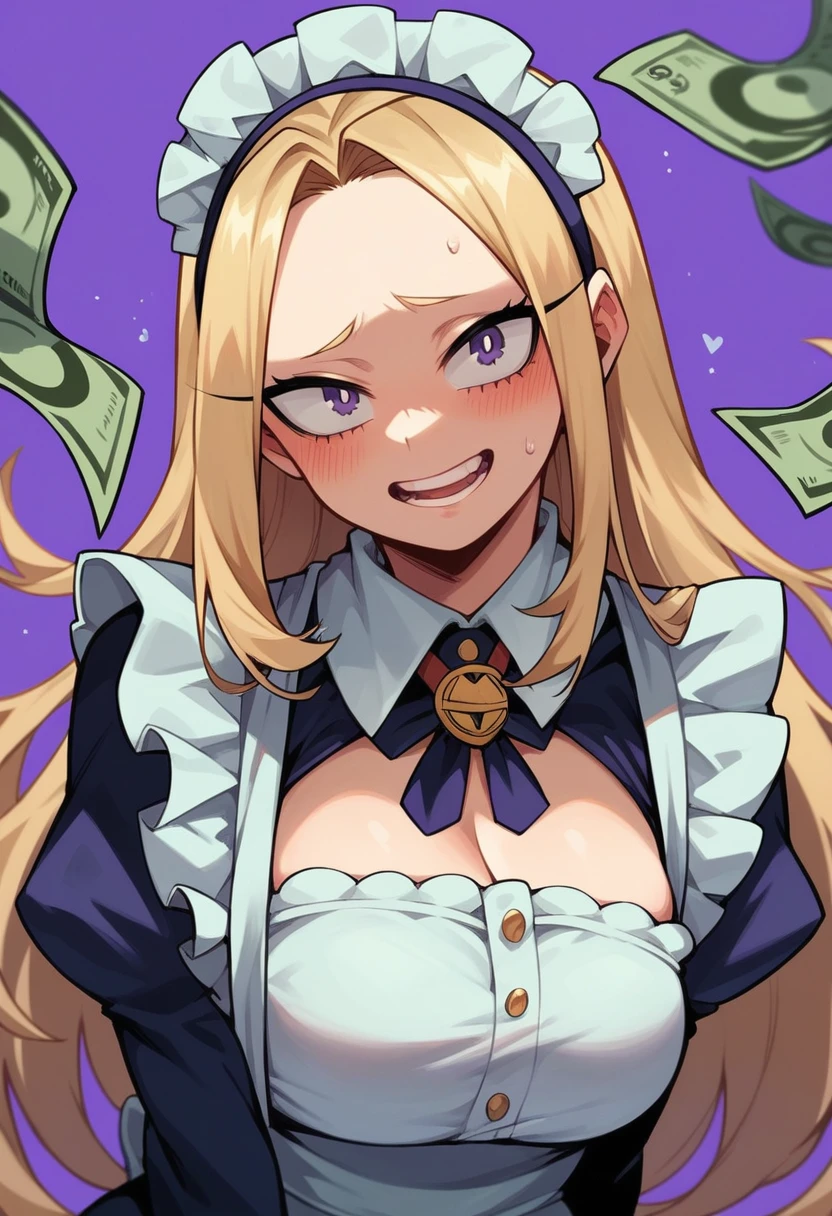 A horny excited maid blushing. black long hair and purple eyes. Boku no Hero Academia Art Style. Purple Background with much money and gold.