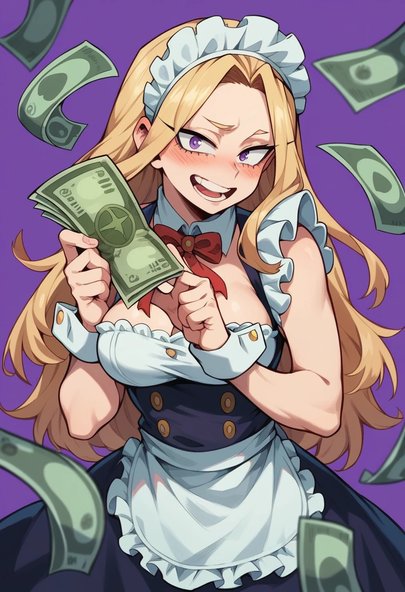 A horny excited maid blushing. black long hair and purple eyes. Boku no Hero Academia Art Style. Purple Background with much money and gold.