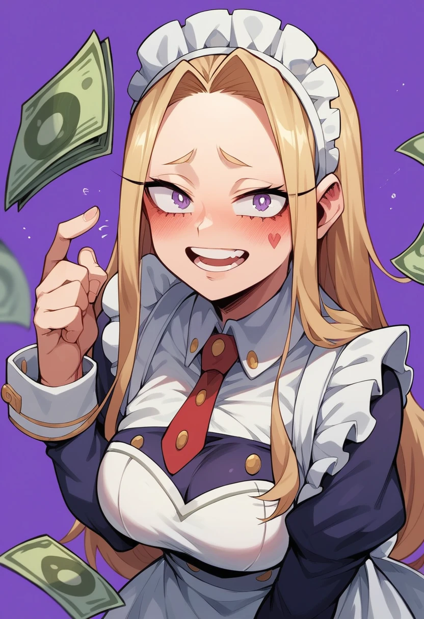 A horny excited maid blushing. black long hair and purple eyes. Boku no Hero Academia Art Style. Purple Background with much money and gold. 