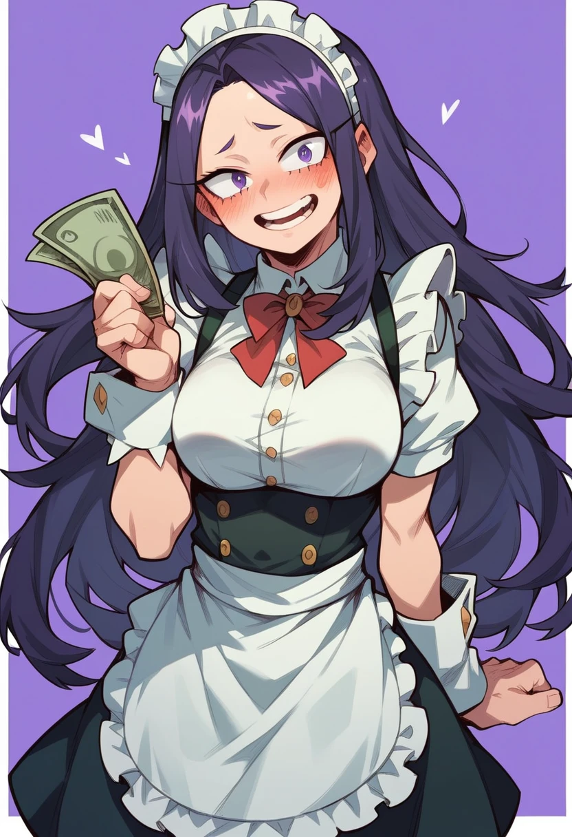 A ahegao maid blushing holding money and excited. black long hair and purple eyes. Anime Art Style. Purple Background with much money and gold.