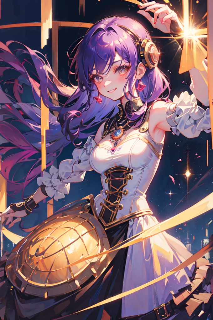 a cute steampunk robot girl, ((masterpiece)), best quality, ultra-detailed, extremely detailed, 4K, 8K, best quality, ((no bad anatomy)), anime style, ((dynamic pose)), facing at viewer, laboratory, watercolor, ((retro art style)), dynamic angle, jumping, beautiful purple hair, beautiful yellow eyes, beautiful eyes, red eyeshadow around her eyes. She has a tired look but is giving a seductive smile, mesh, transparent hair, translucent hair, fingered gloves, earrings, necklace, smile, grin, sparkling effect, --bad hands