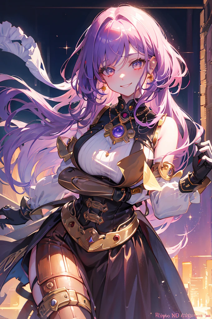 a cute steampunk robot girl, ((masterpiece)), best quality, ultra-detailed, extremely detailed, 4K, 8K, best quality, ((no bad anatomy)), anime style, ((dynamic pose)), facing at viewer, laboratory, watercolor, ((retro art style)), dynamic angle, jumping, beautiful purple hair, beautiful yellow eyes, beautiful eyes, red eyeshadow around her eyes. She has a tired look but is giving a seductive smile, mesh, transparent hair, translucent hair, fingered gloves, earrings, necklace, smile, grin, sparkling effect, --bad hands