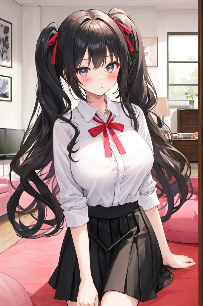masterpiece, high quality, Perfect Face, Beautiful Face, Photo Background,Perfect Skin, Beautiful Skin, Soft Skin, Glowing Skin, Intricate details, Delicate pattern, best quality, masterpiece, (midnight:1.3),(from front:2),1girl, (Slender:1.3), small breasts, (grayblack hair:1.3),(cherryred colored inner hair:1.2), twintails, (detailed red eyes:1.1), (ass pov:1.2), sleeves rolled up, Long sleeve, black knit vest, plaid skirt,red ribbon,school uniform ,love hotel,(bedroom:1.4), pink room,leaning forward,hands on knees, (embarrassed:1.2), (blush:1.2),(naughty face:1.2)