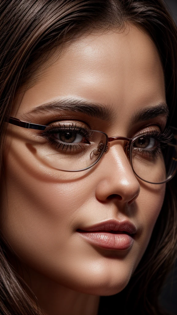 a woman wearing glasses, detailed close-up portrait, beautiful detailed eyes, beautiful detailed lips, extremely detailed eyes and face, long eyelashes, medical eye examination, ophthalmology clinic, clinical setting, high quality, photorealistic, 8k, ultra-detailed, realistic, vivid colors, studio lighting, physically-based rendering, masterpiece