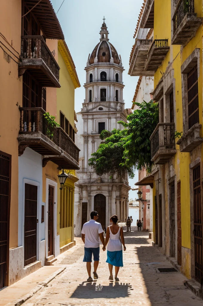 A couple walking through Cartagena fantastic magical realistic style