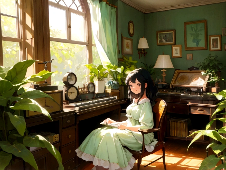 pretty girl,high resolution,Smile brightly,A calm lo-fi girl sitting by a window with soft sunlight streaming in, Immerse yourself in music, A vintage room filled with records and plants, Evokes a sense of nostalgia and relaxation, figure, Digital Art, --16 pieces:9-5 o&#39;clock