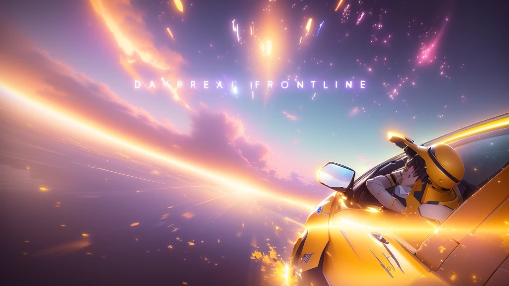 A man in a yellow hat is driving a car in front of a spaceship, Macross Frontier splash art, makoto shinkai. Octane Rendering, makoto shinkai movie, ( ( makoto shinkai ) ), Macross Frontier, makoto shinkai!!, Octane Rendering. by Makoto Shinkai, makoto shinkai!