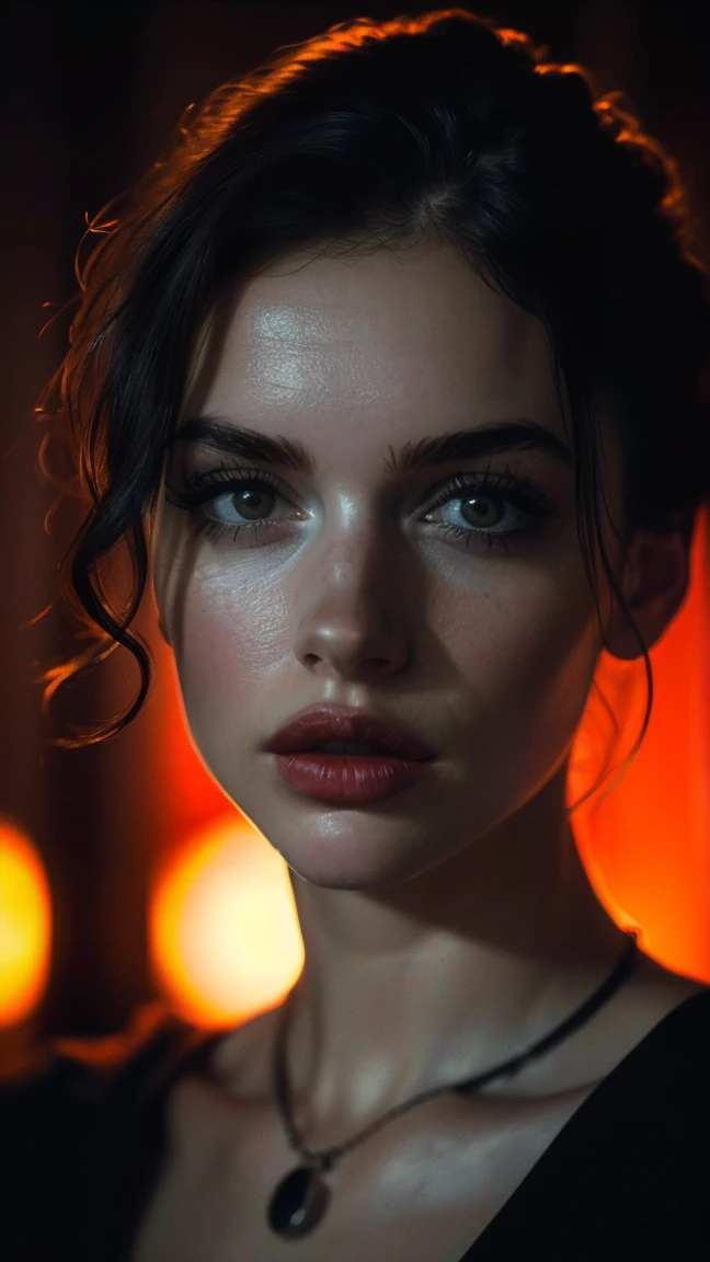 (((surreal))) photo, masterpiece, top quality, (pale skin), (Super detailed face and eyes:1.3), 1 girl, aldult, Wearing a black T-shirt, A necklace hangs from the chest, necklace cleavage, (eye makeup, black mascara) , ((Large, delicate lips)), ((dark curly hair)), ((Chiolca)) , (natural breasts), ((pose)), photo, (Side light), (The game of light and shadow), depth of field, bokeh, (Special attention to skin details: 1.2), detailed leather texture, skin pores. (frame dark atmosphere. Color range - black, tangerine, Red, tune), Dlm grain), (Rays), ((glare)), ((portrait, close to camera)) , Super detailed,